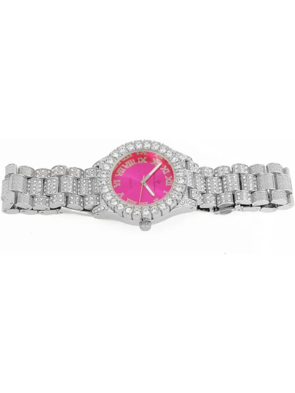 Women's Silver Hot Pink Big Rocks Bezel Colored Dial with Roman Numerals Watch
